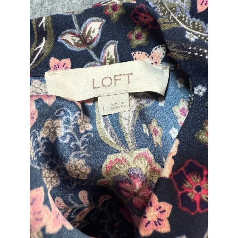 Loft Blouse Top Womens Large Multi Floral Bloom Twist Bubble Sleeve Keyhole Back